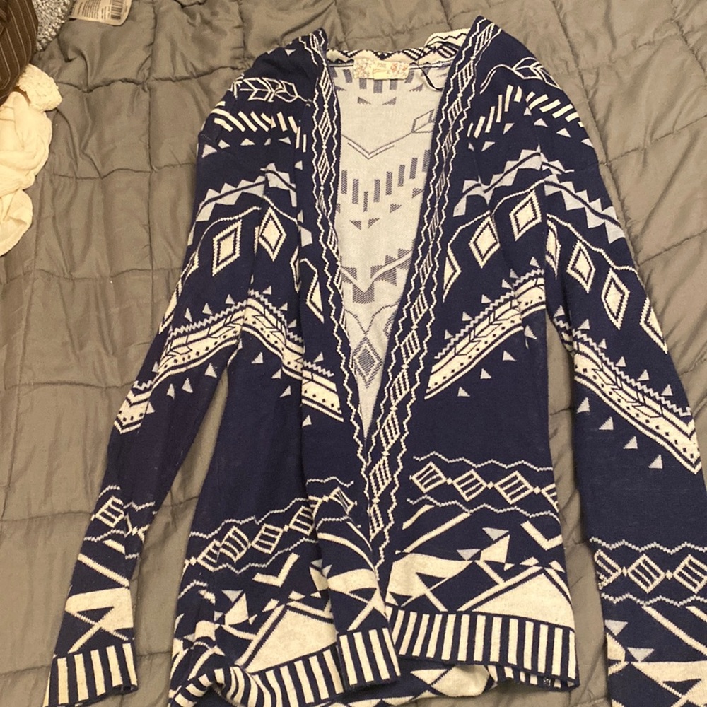Cardigan, navy, blue, and white